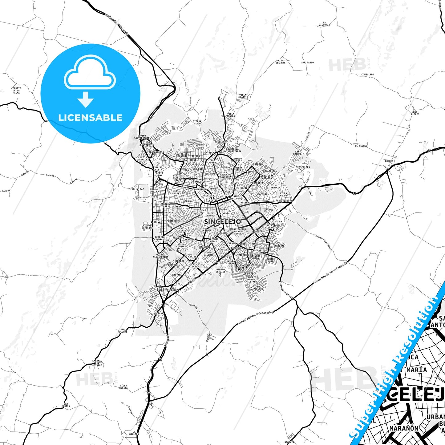 Sincelejo, Colombia Light Map with Street Names, City Names, and Districts