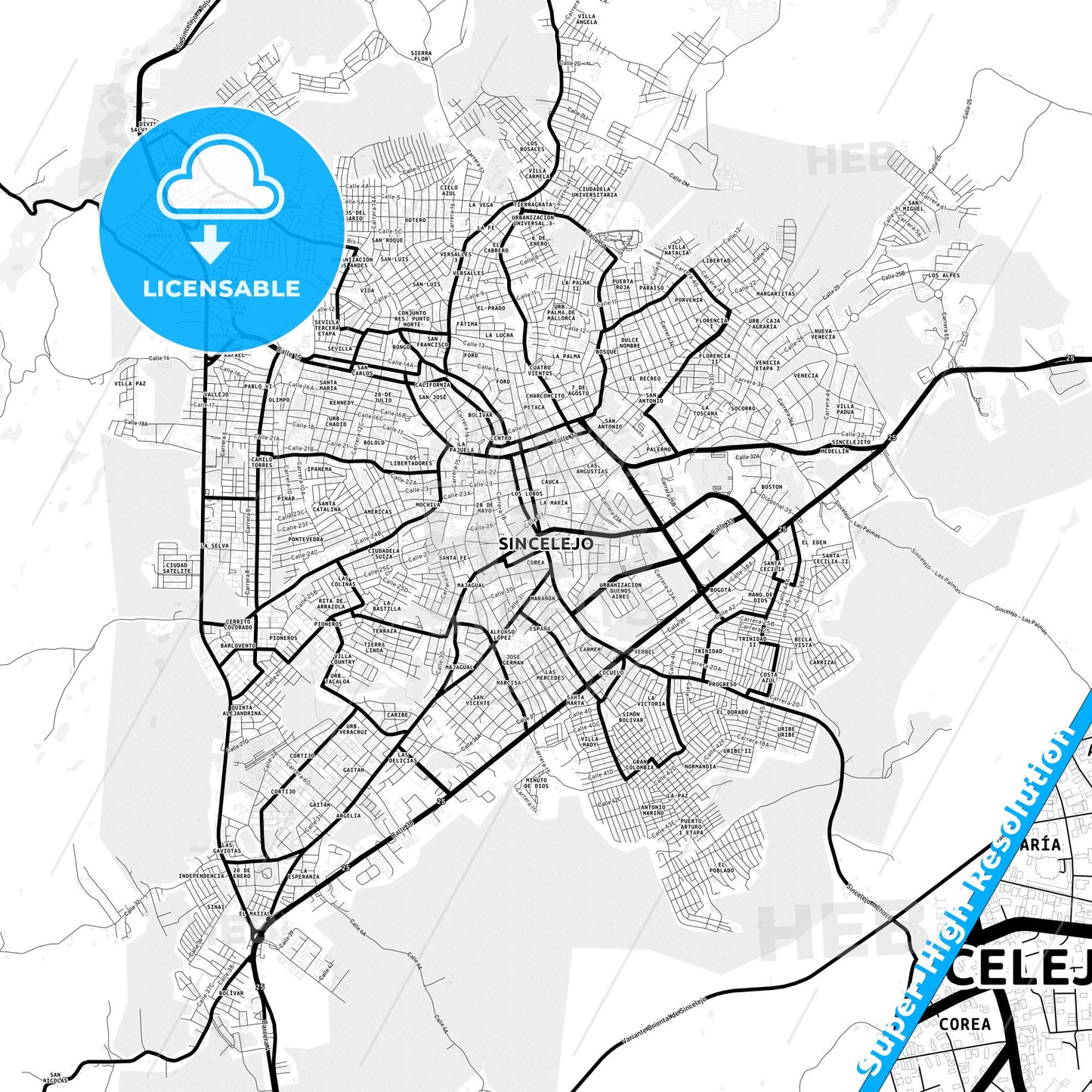 Sincelejo, Colombia Light Map with Street Names, City Names, and Districts