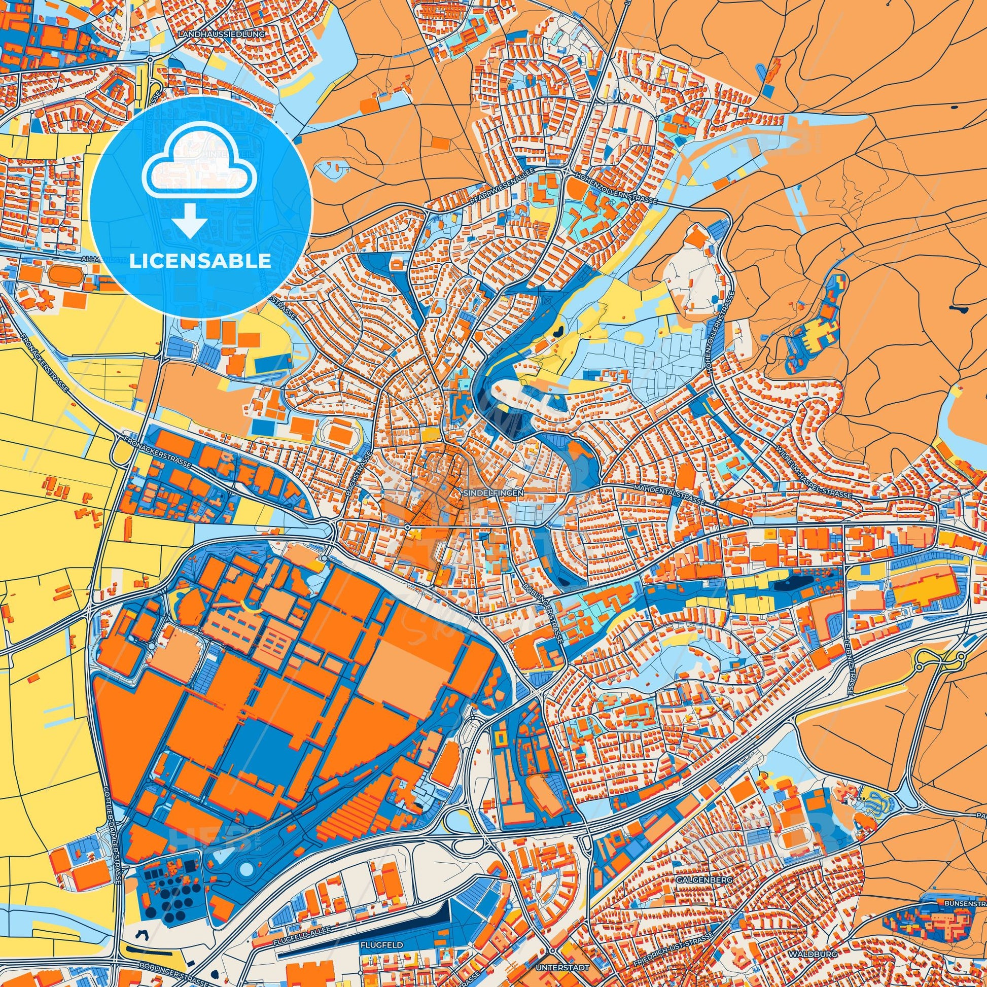 Colorful Sindelfingen Street Map with Labels and Buildings