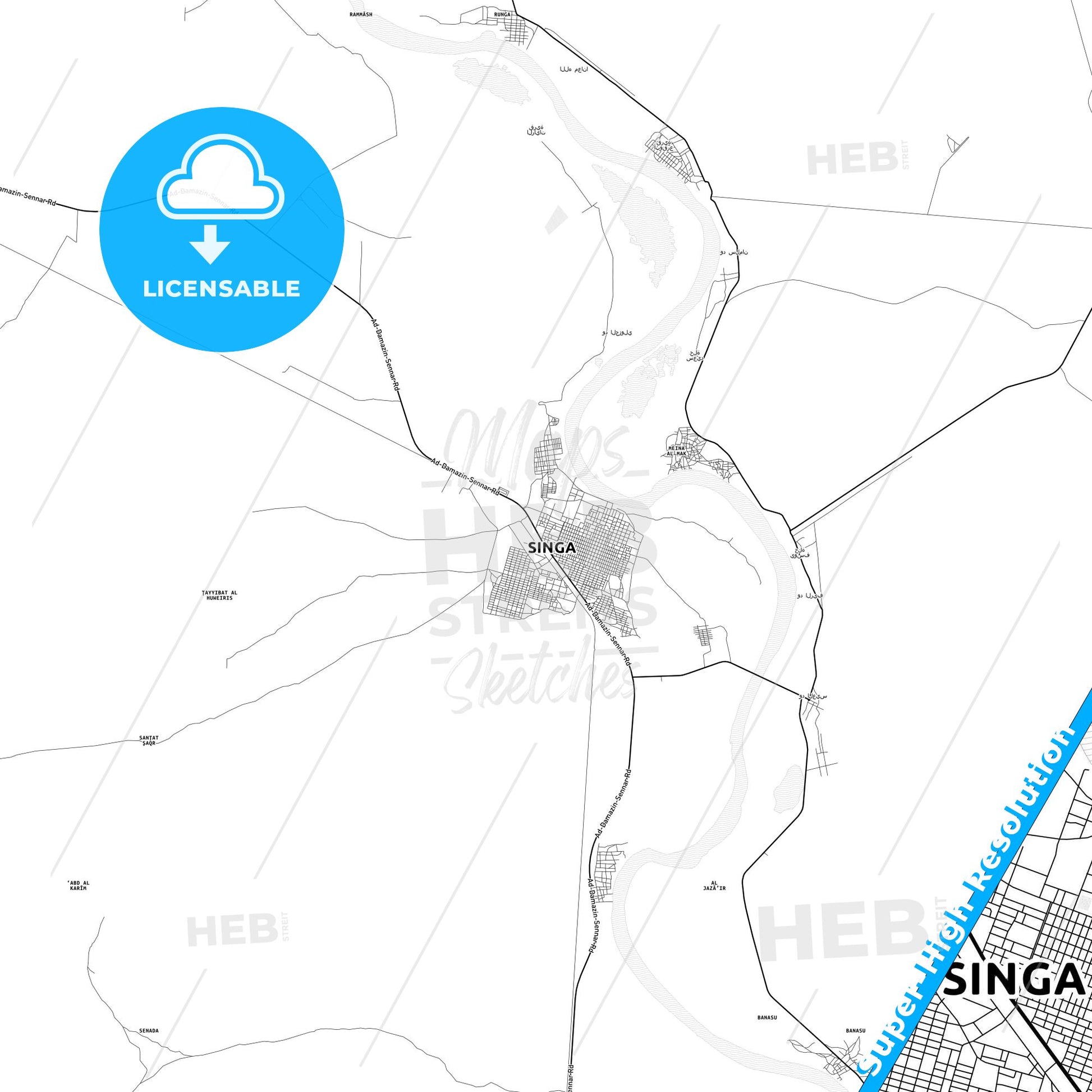 Singa, Sudan light map with streetnames, citynames and districts