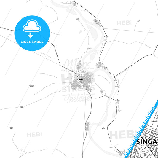 Singa, Sudan light map with streetnames, citynames and districts