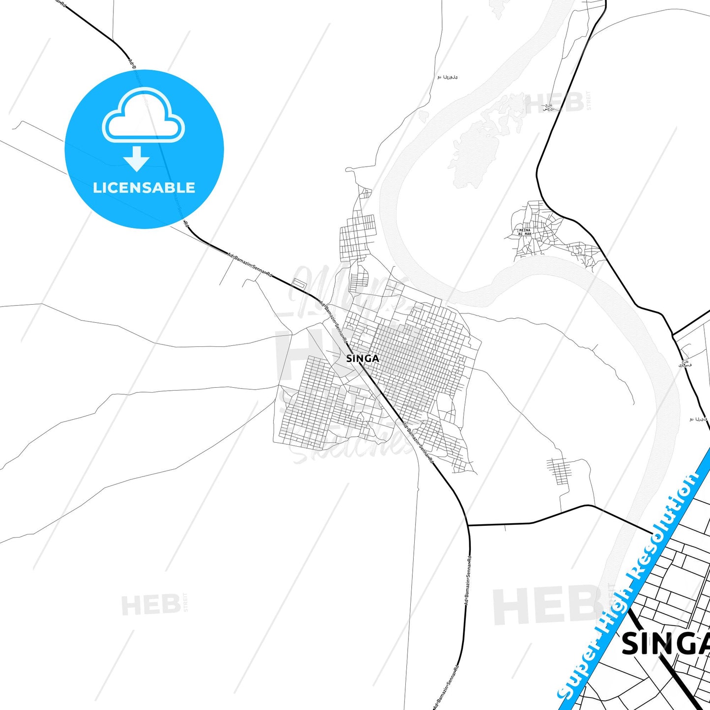 Singa, Sudan Light Map with Street Names, City Names, and Districts