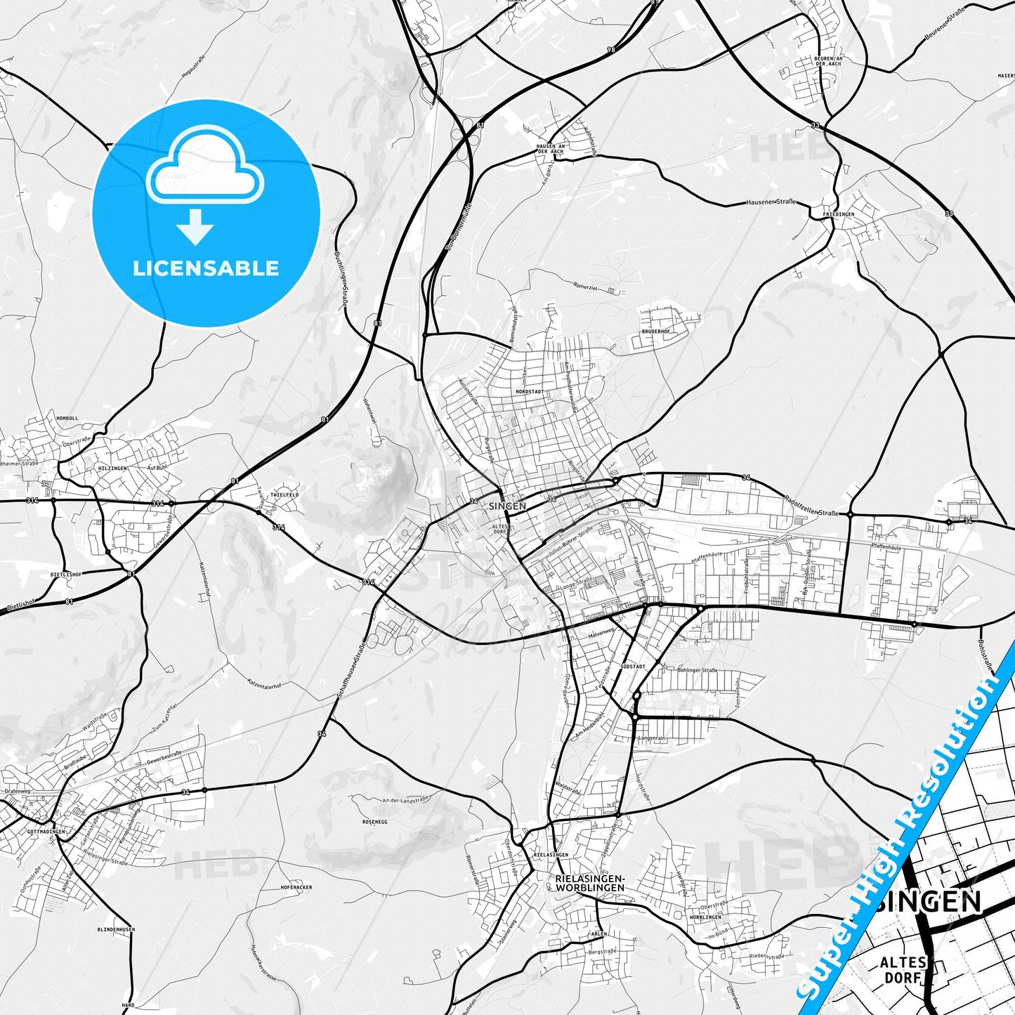 Singen (Hohentwiel), Germany Light Map with Street Names, City Names, and Districts