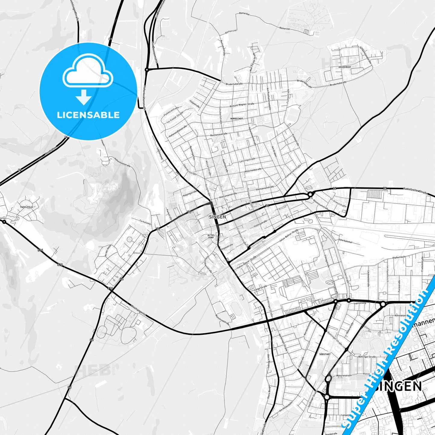 Singen (Hohentwiel), Germany Light Map with Street Names, City Names, and Districts