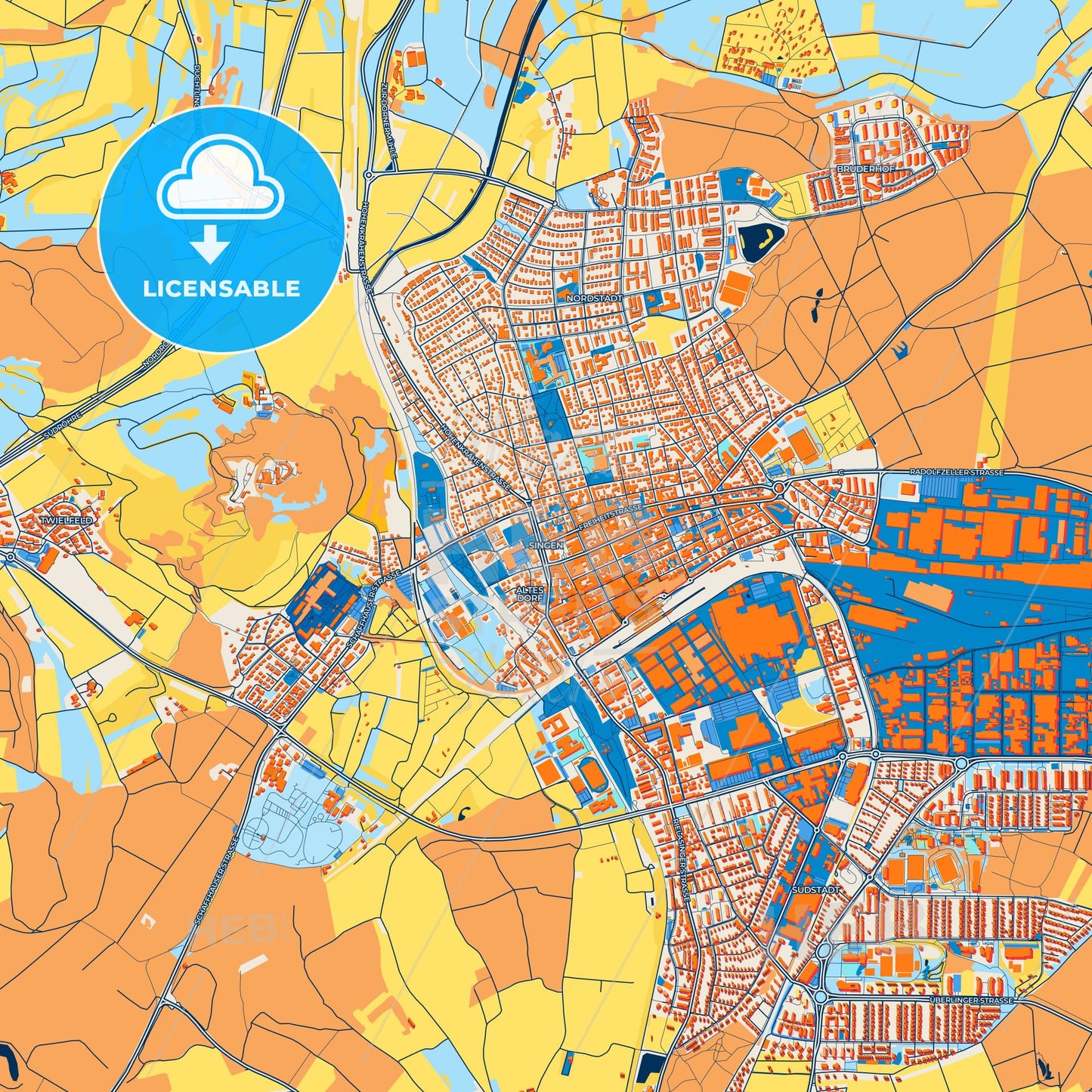 Colorful Singen (Hohentwiel) Street Map with Labels and Buildings