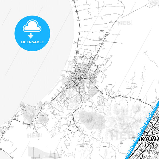 Singkawang, Indonesia light map with streetnames, citynames and districts
