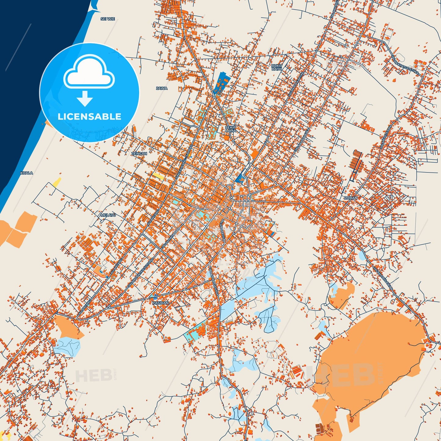 Colorful Singkawang Street Map with Labels and Buildings