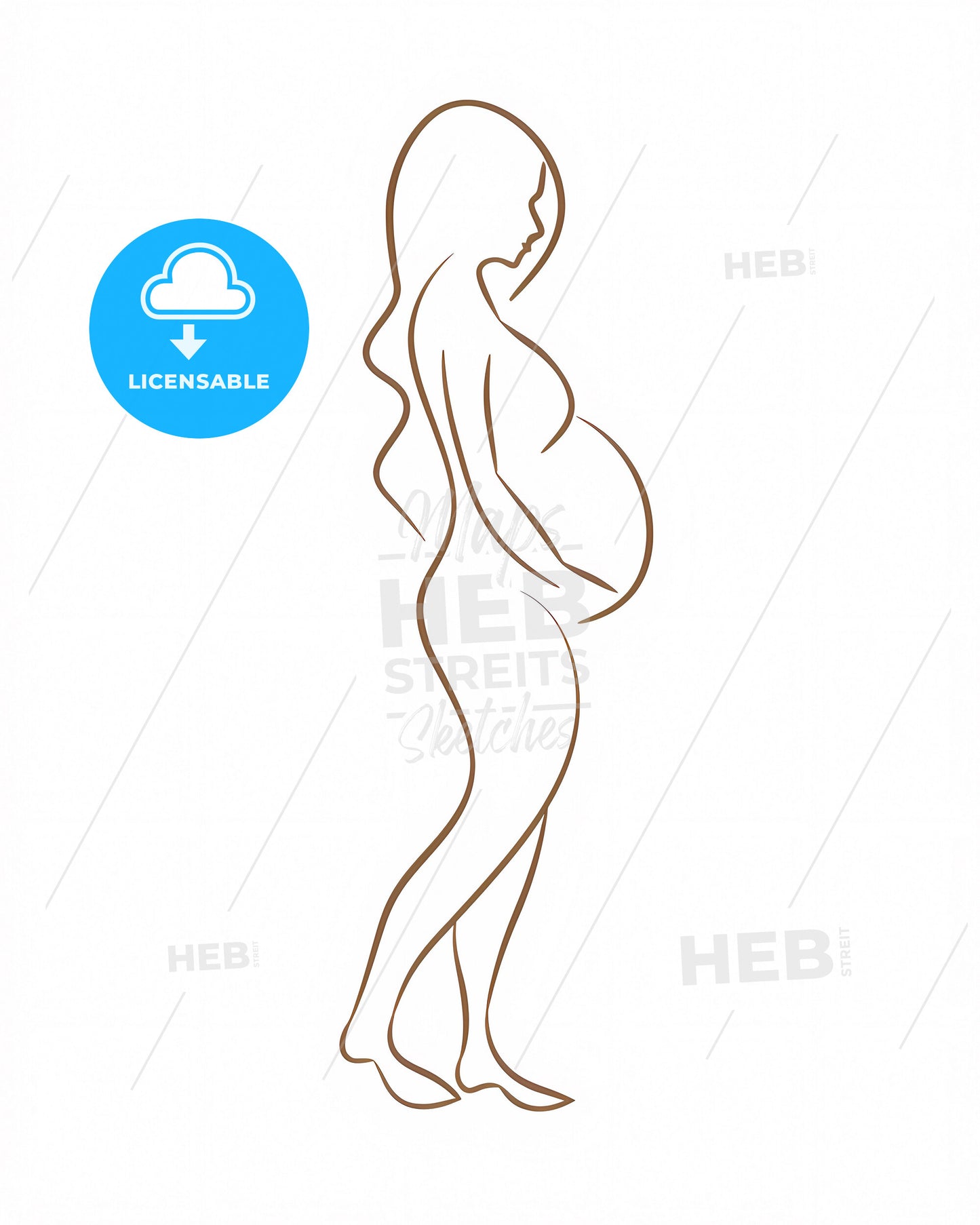 Continuous line art drawing of a pregnant woman with long hair, vibrant painting with artistic flair