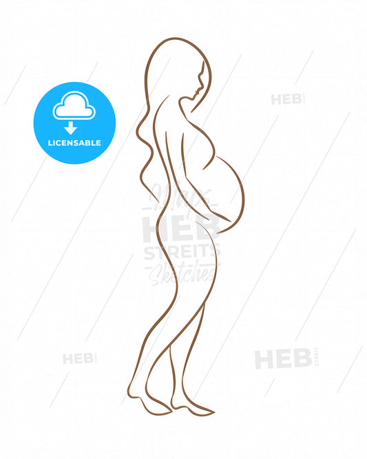 Continuous line art drawing of a pregnant woman with long hair, vibrant painting with artistic flair