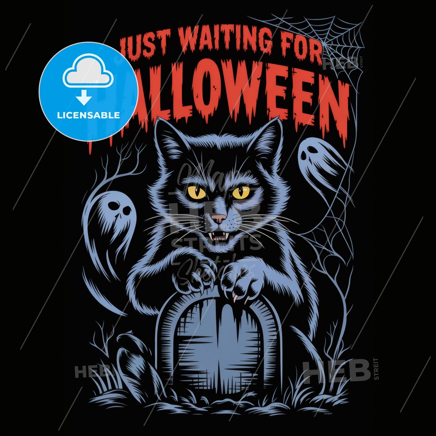 Sinister Halloween Cat: Vivid Spooky Art Print with Ghosts & Blood-Red Typography