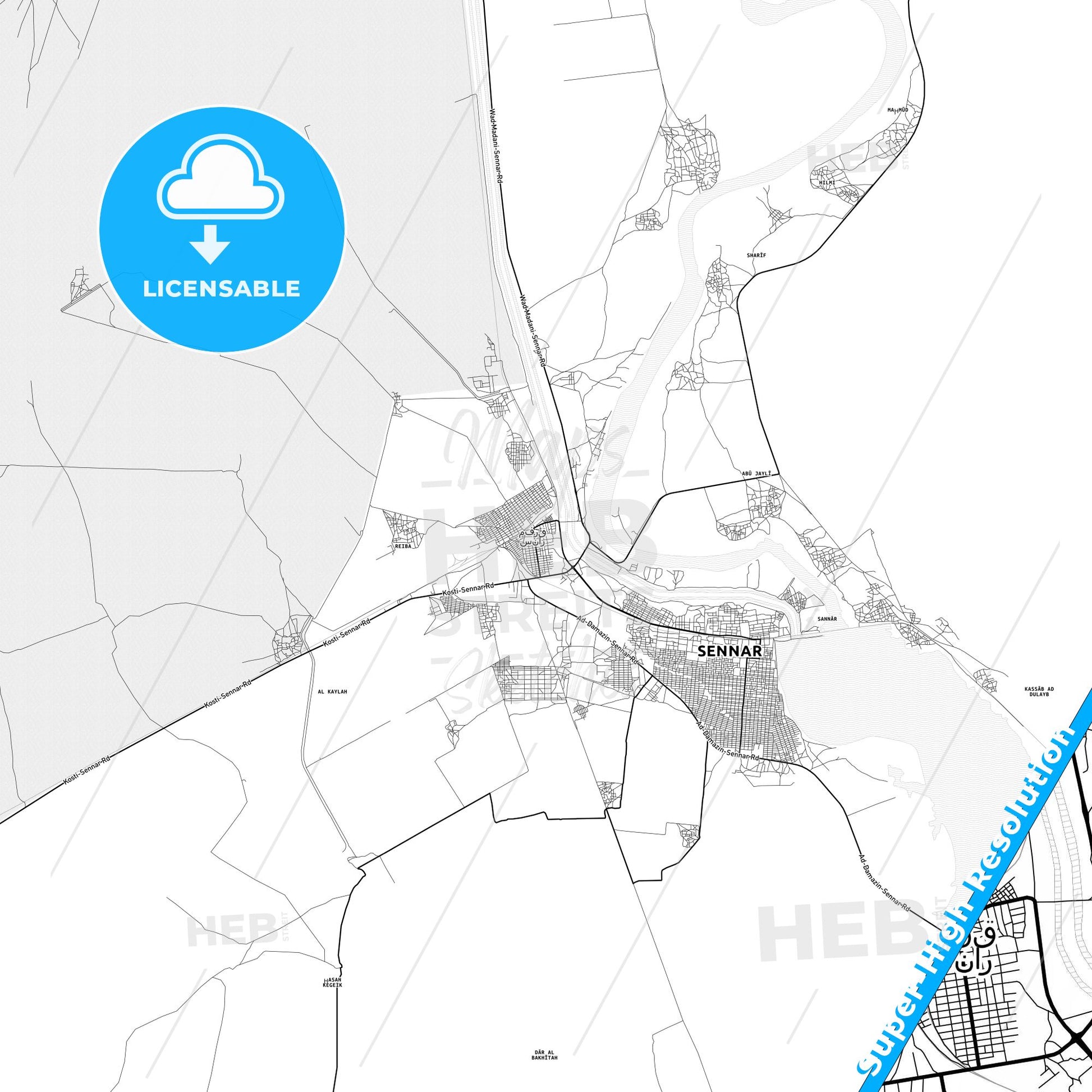Sinnar, Sudan light map with streetnames, citynames and districts