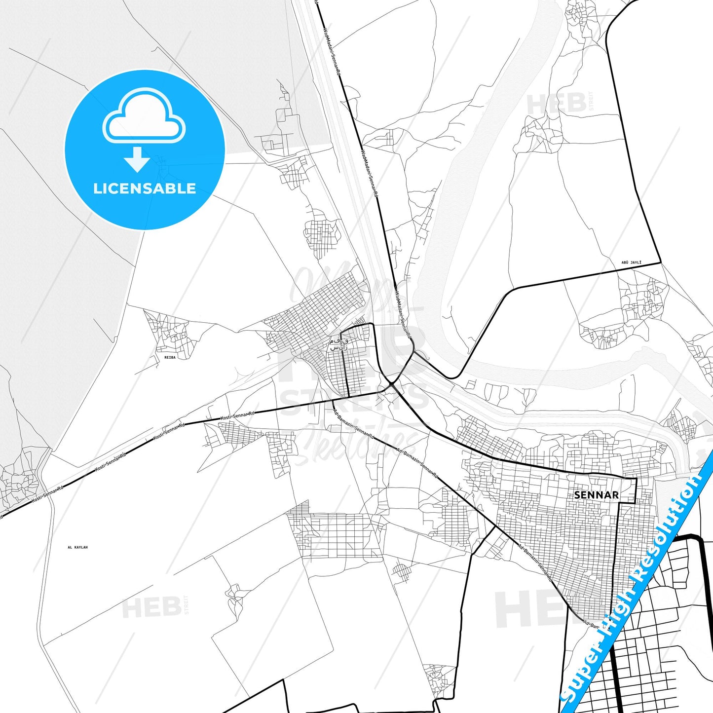Sinnar, Sudan Light Map with Street Names, City Names, and Districts
