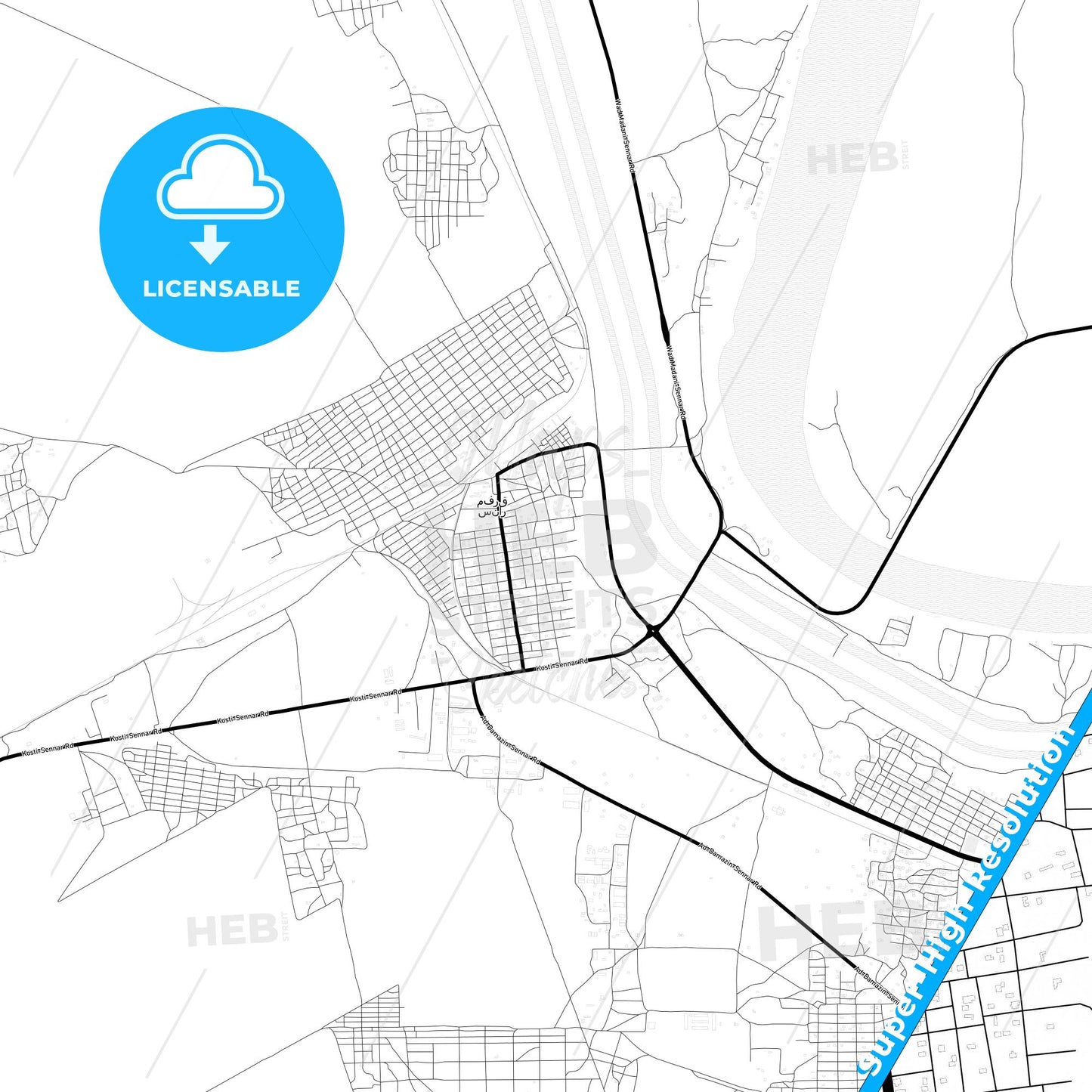 Sinnar, Sudan Light Map with Street Names, City Names, and Districts