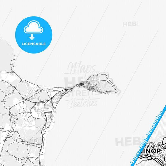 Sinop, Turkey light map with streetnames, citynames and districts