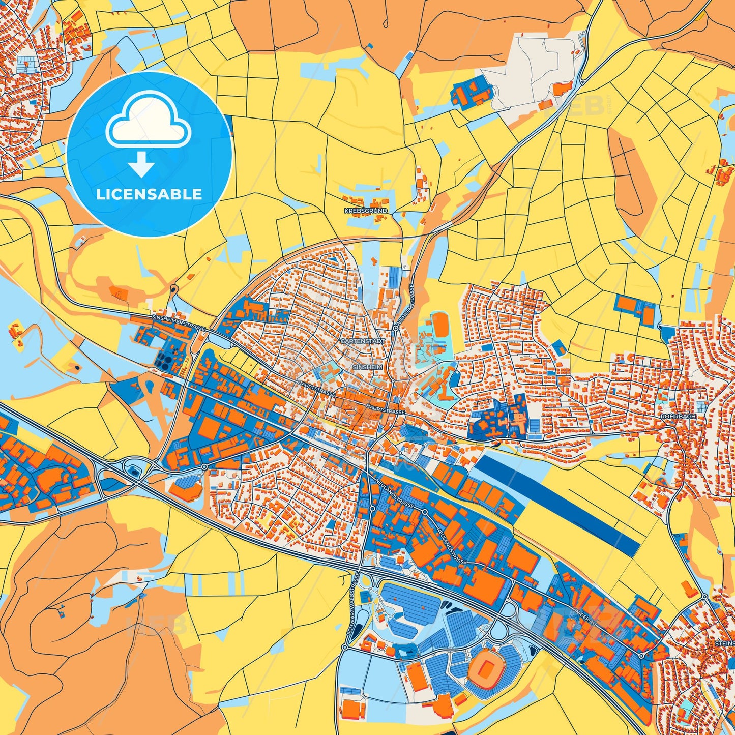 Colorful Sinsheim Street Map with Labels and Buildings