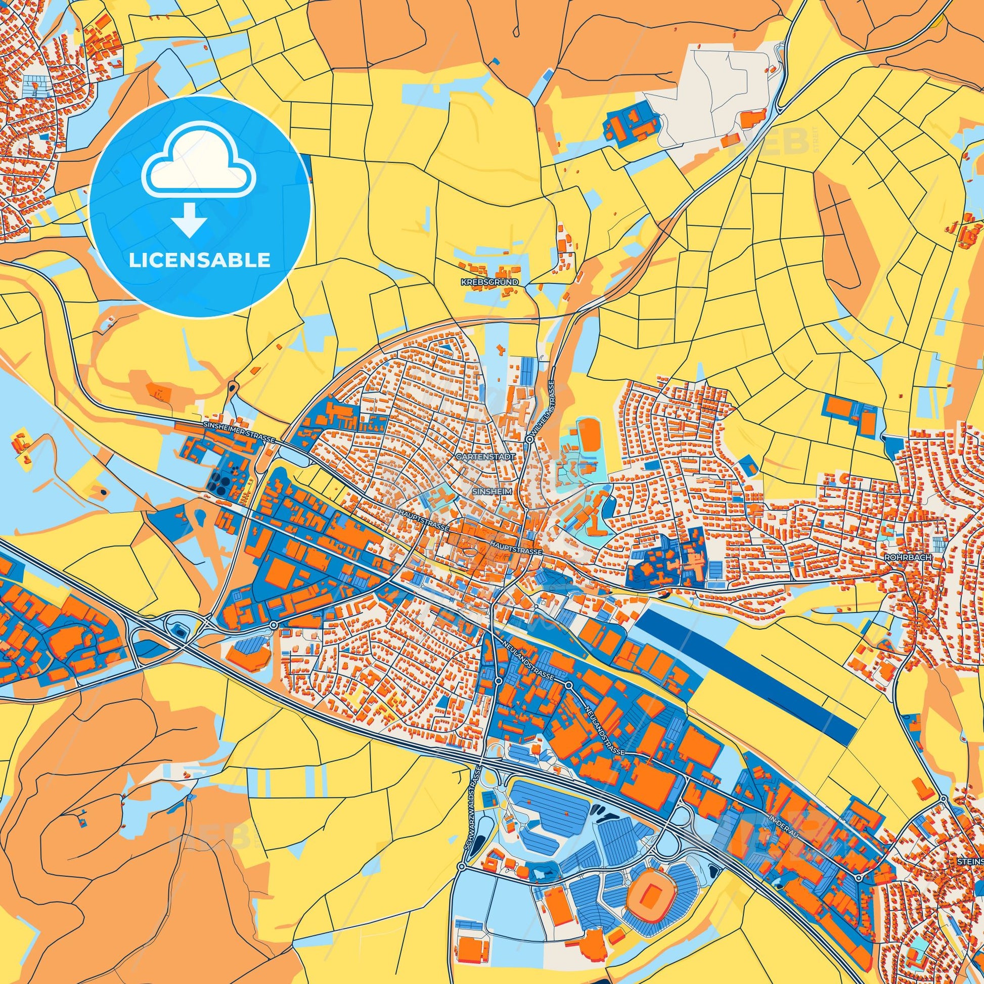 Colorful Sinsheim Street Map with Labels and Buildings