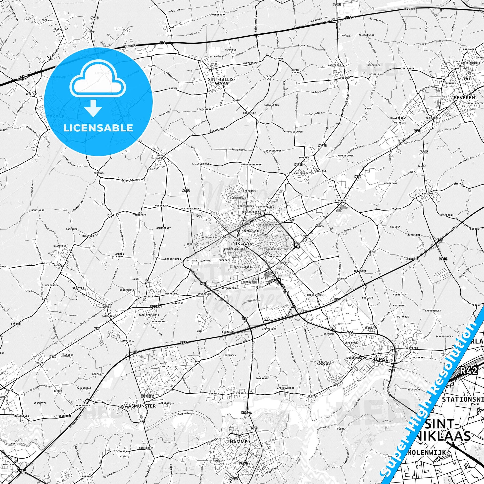 Sint-Niklaas, Belgium light map with streetnames, citynames and districts