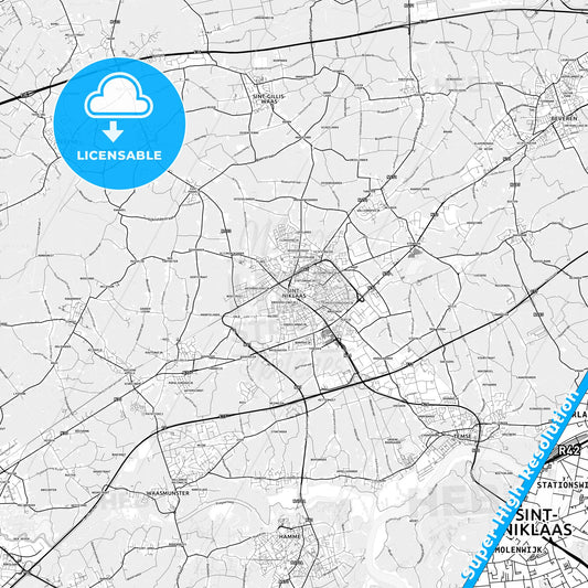 Sint-Niklaas, Belgium light map with streetnames, citynames and districts