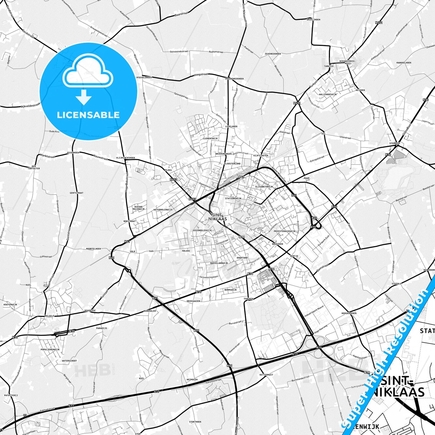 Sint-Niklaas, Belgium Light Map with Street Names, City Names, and Districts