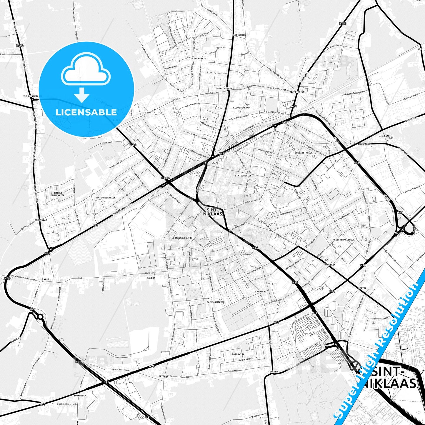 Sint-Niklaas, Belgium Light Map with Street Names, City Names, and Districts