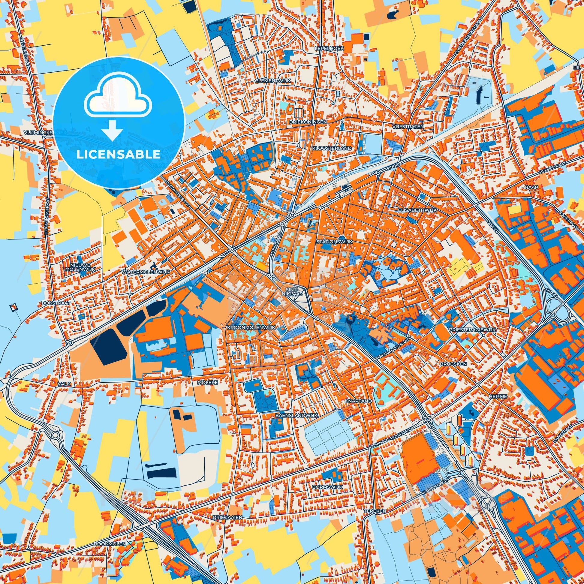 Colorful Sint-Niklaas Street Map with Labels and Buildings