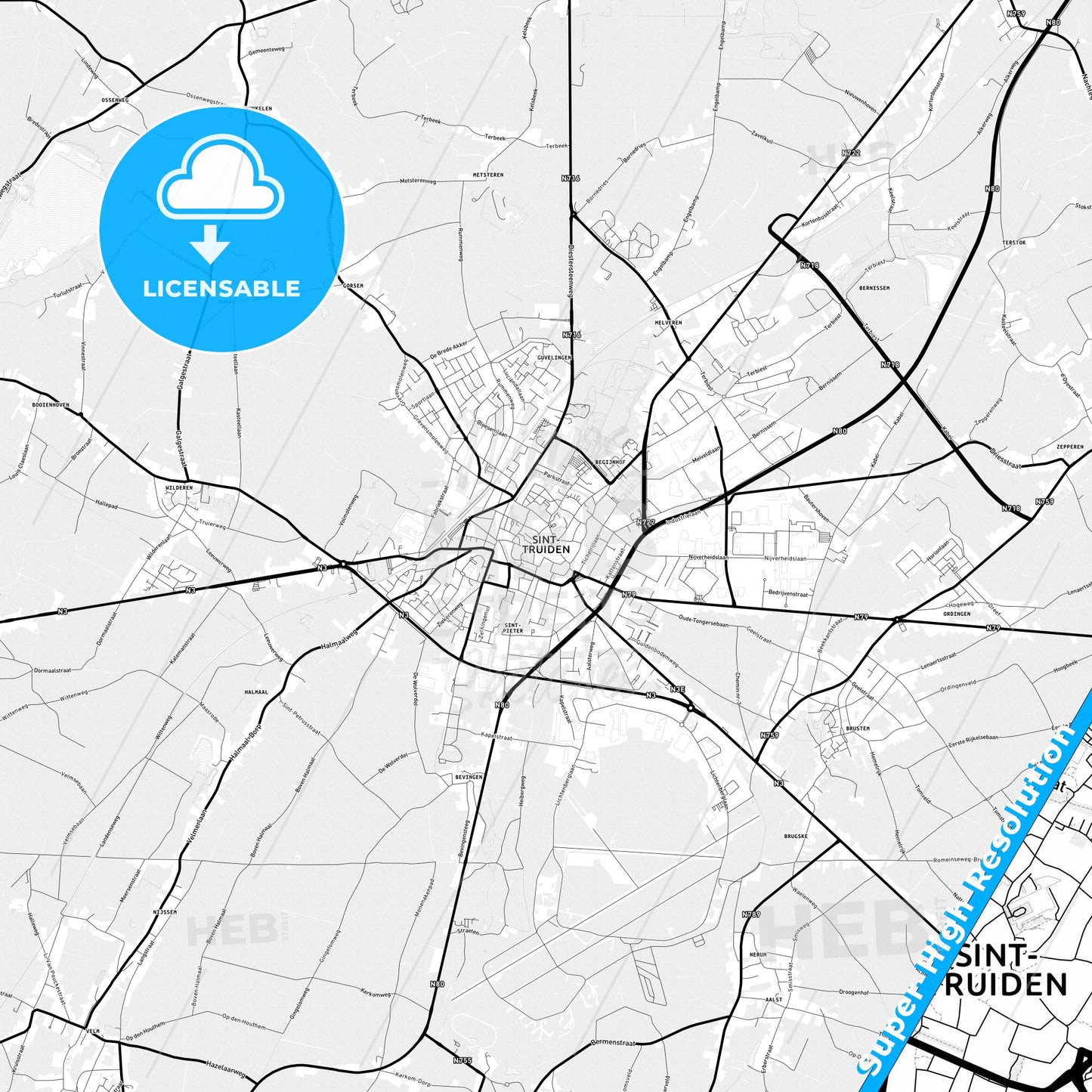 Sint-Truiden, Belgium Light Map with Street Names, City Names, and Districts