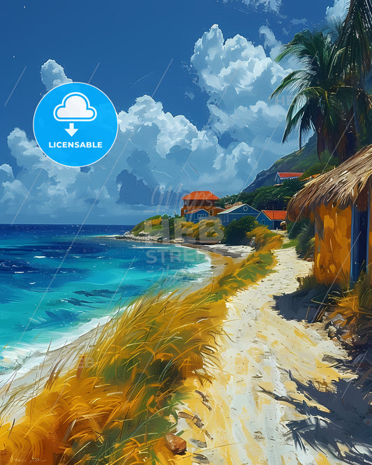 Vibrant Painting of a Picturesque Beach Featuring Houses and Palm Trees in Sint Eustatius, North America