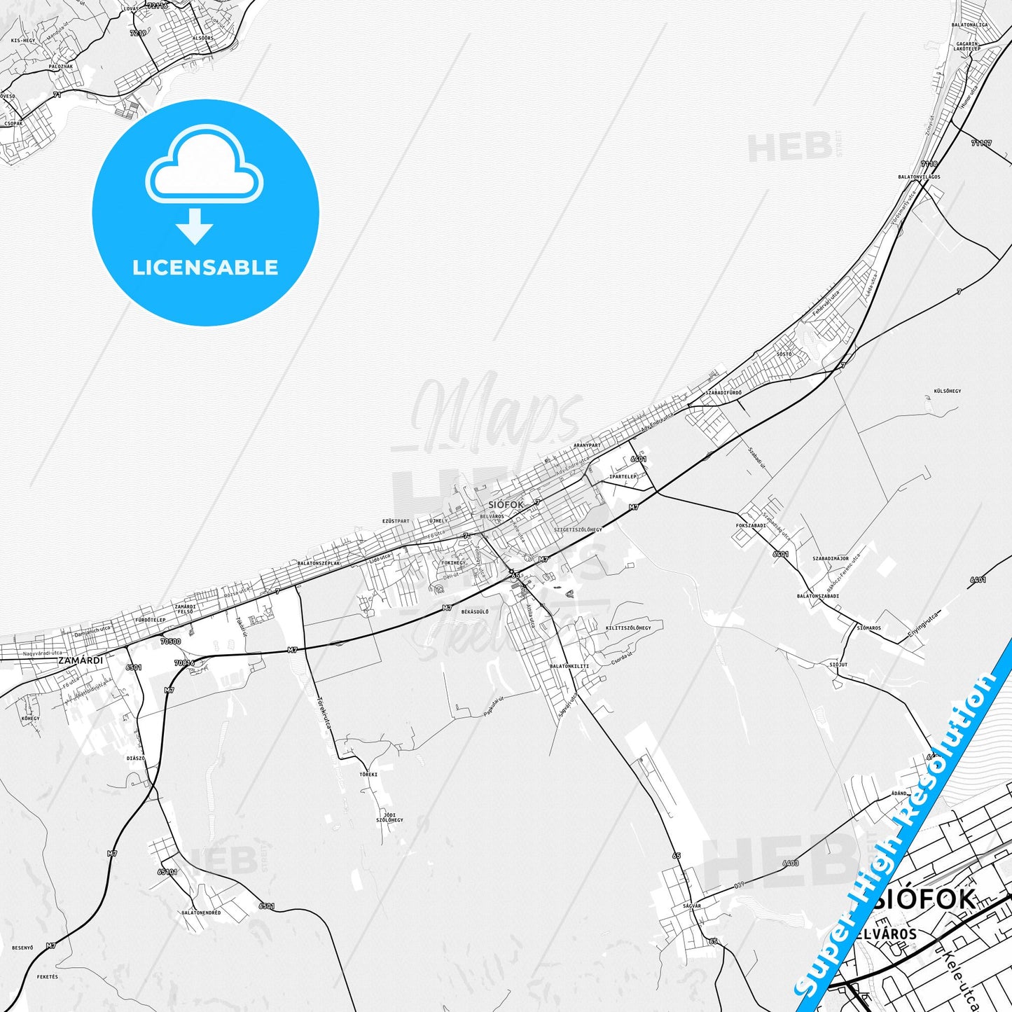 Siófok, Hungary light map with streetnames, citynames and districts