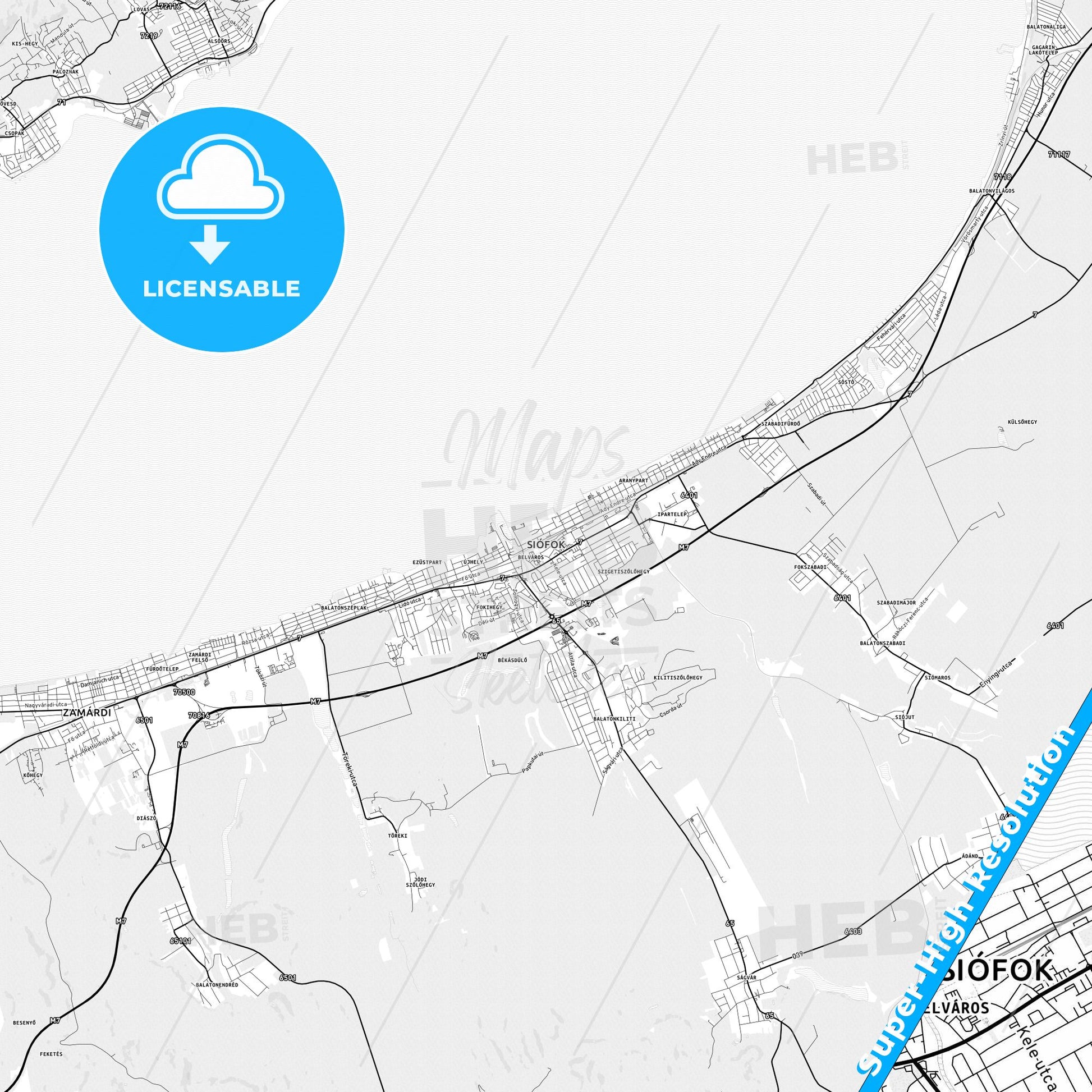 Siófok, Hungary light map with streetnames, citynames and districts