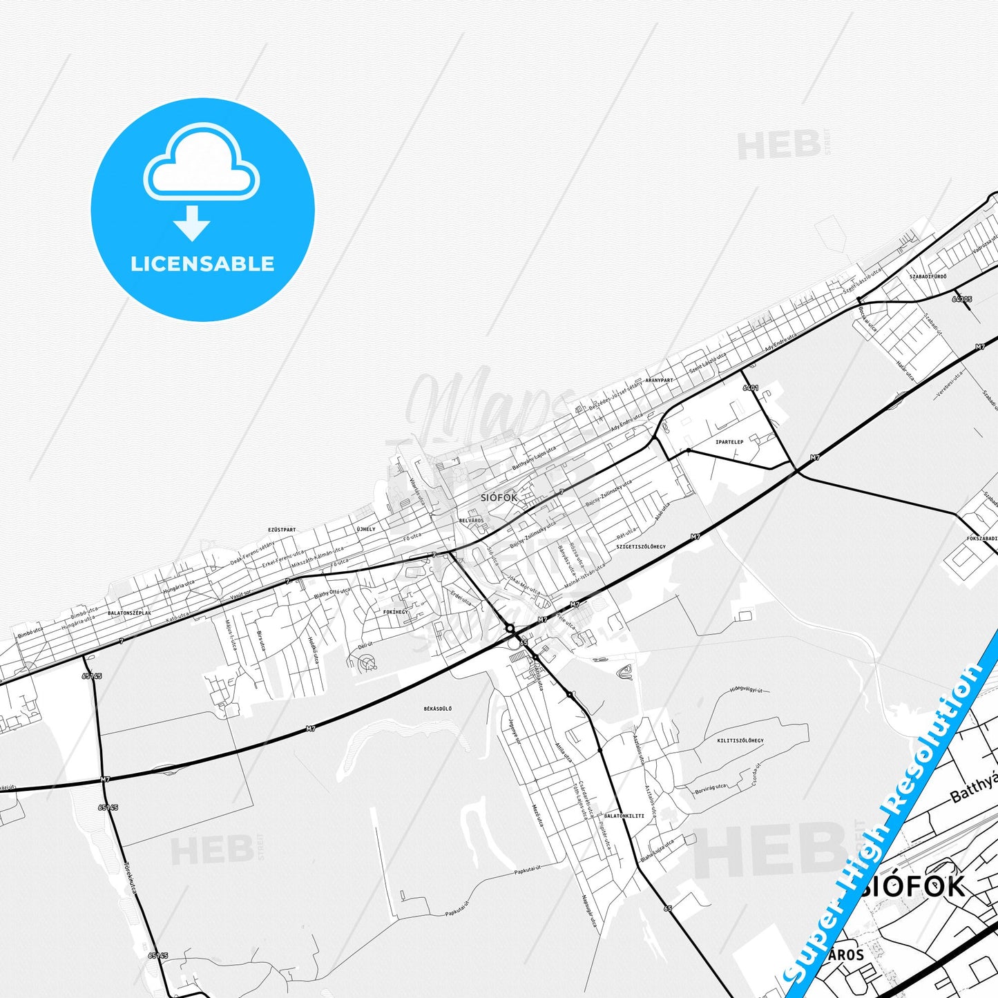 Siófok, Hungary Light Map with Street Names, City Names, and Districts