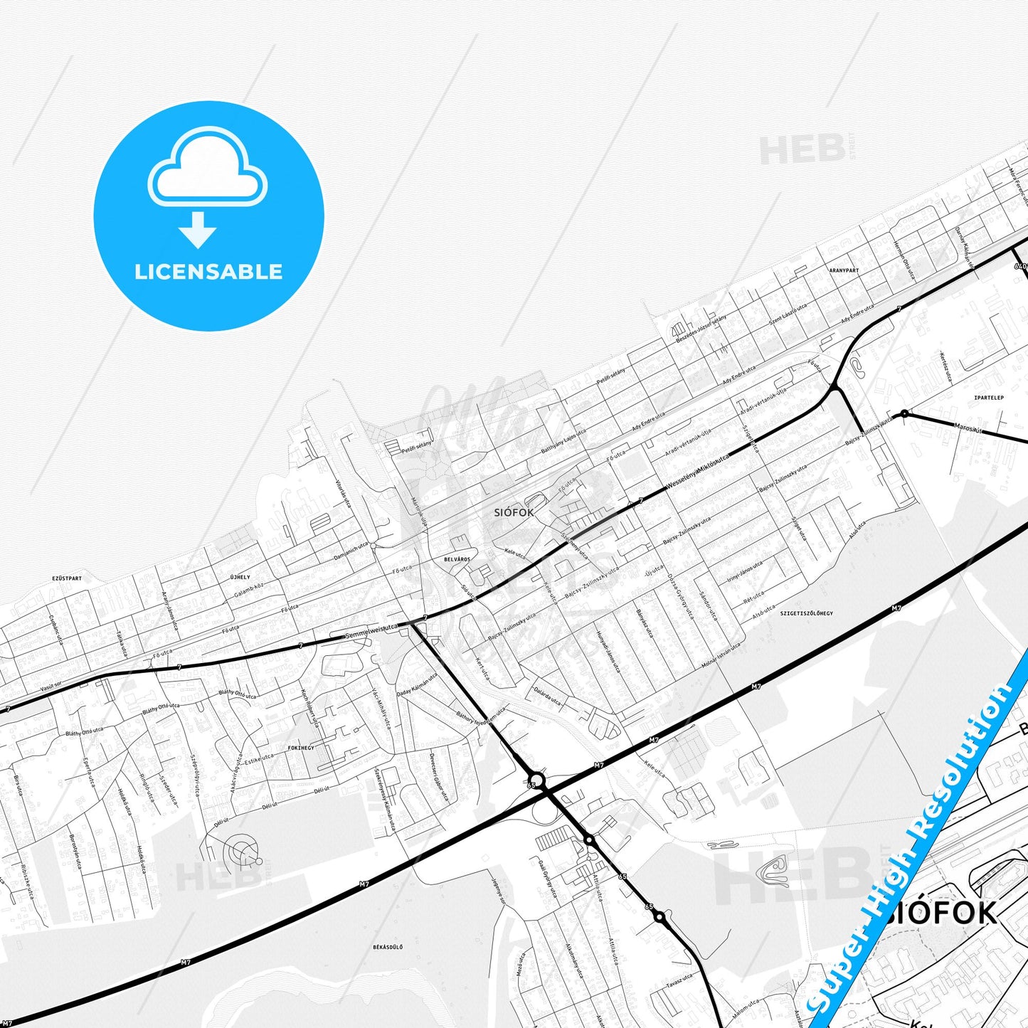 Siófok, Hungary Light Map with Street Names, City Names, and Districts