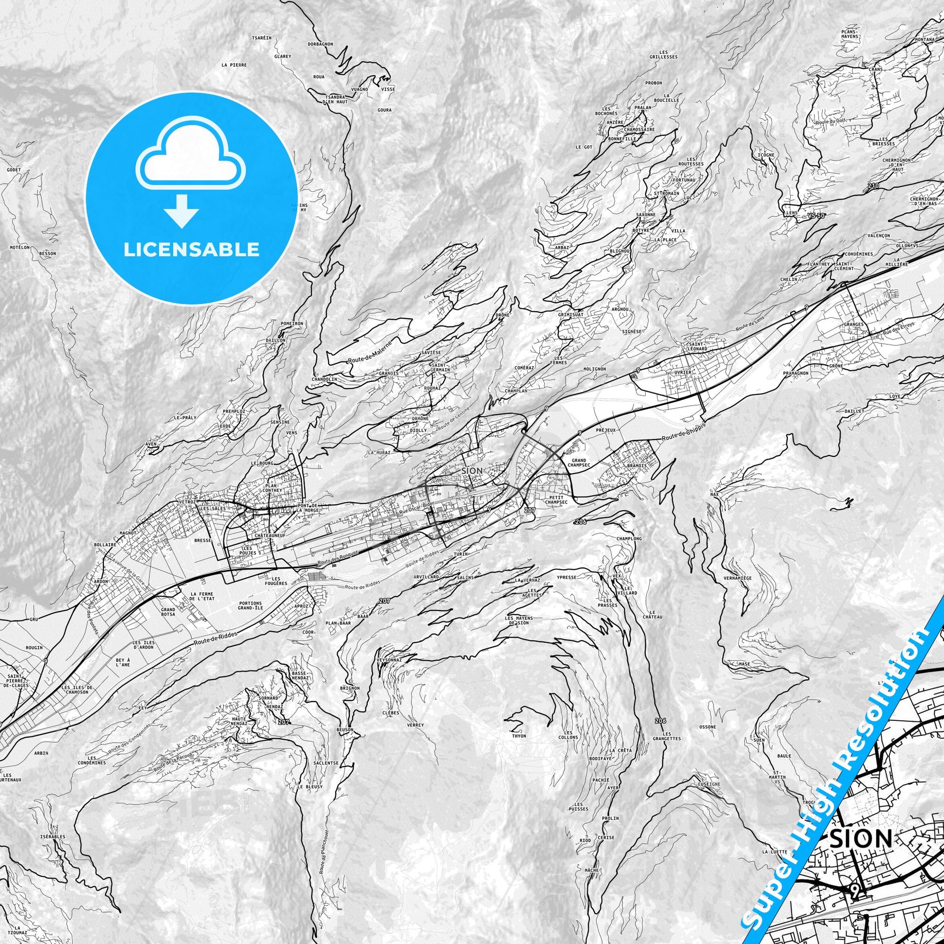Sion, Switzerland light map with streetnames, citynames and districts