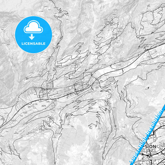 Sion, Switzerland light map with streetnames, citynames and districts