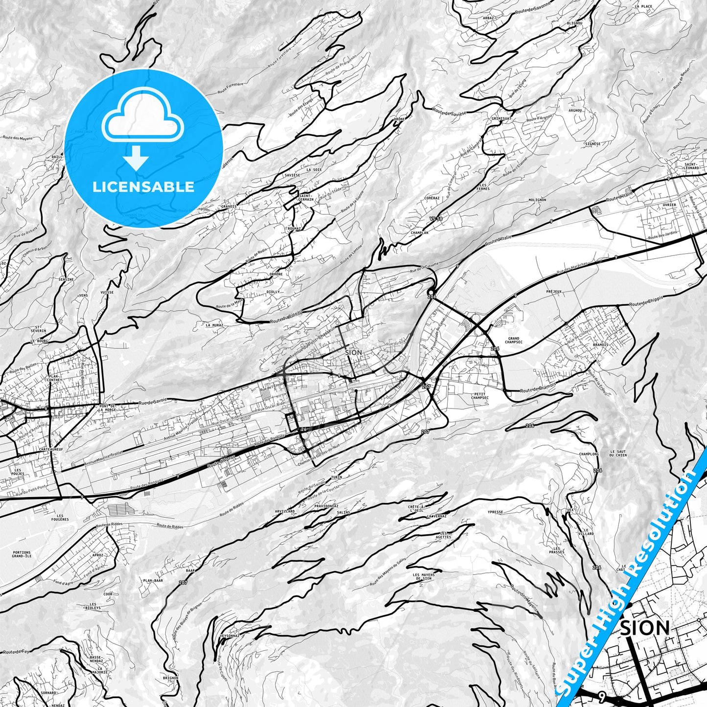 Sion, Switzerland Light Map with Street Names, City Names, and Districts