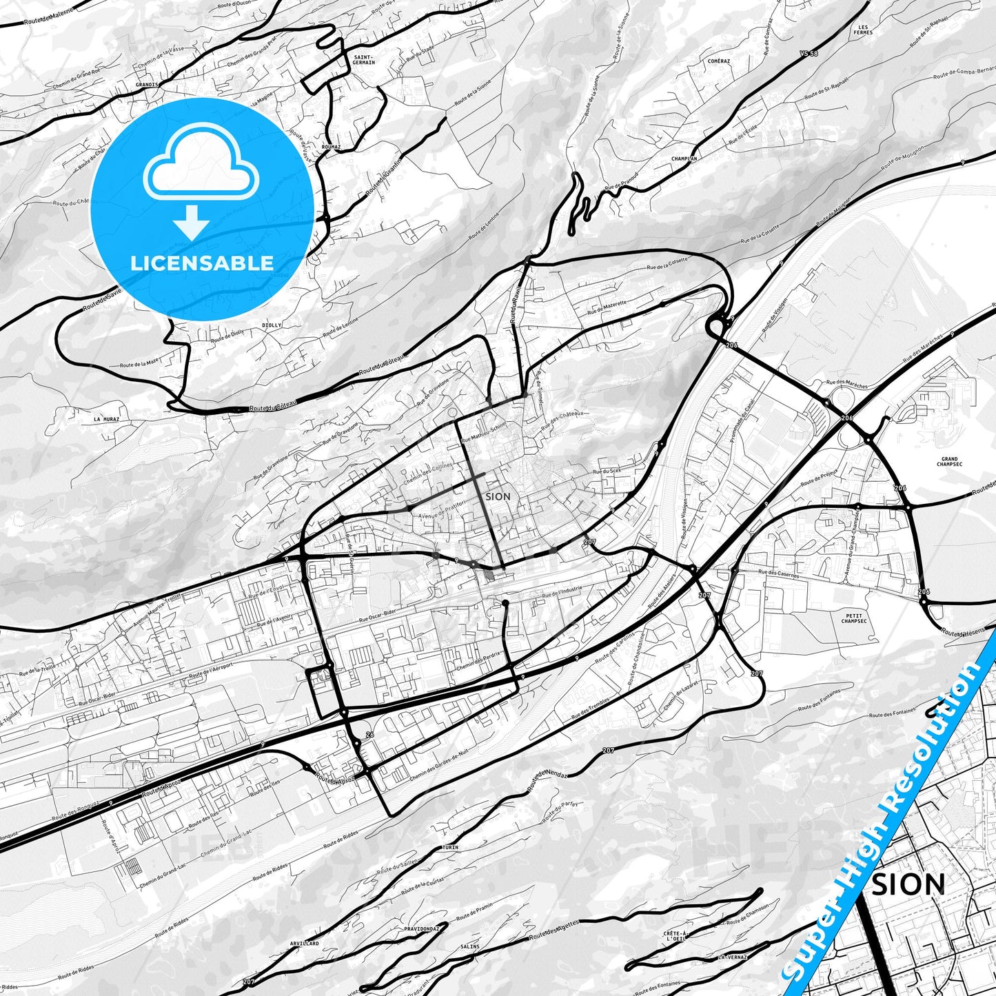 Sion, Switzerland Light Map with Street Names, City Names, and Districts