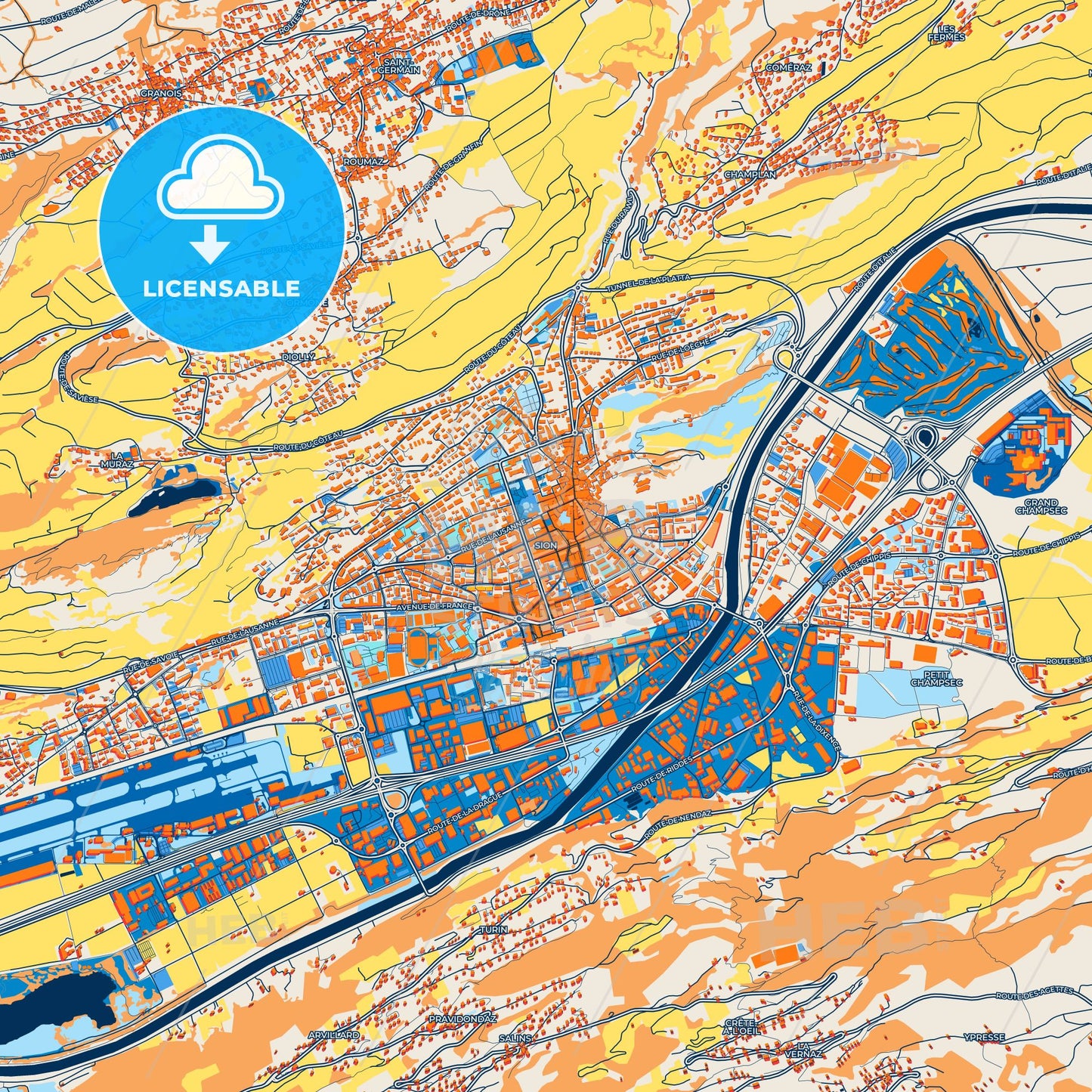 Colorful Sion Street Map with Labels and Buildings
