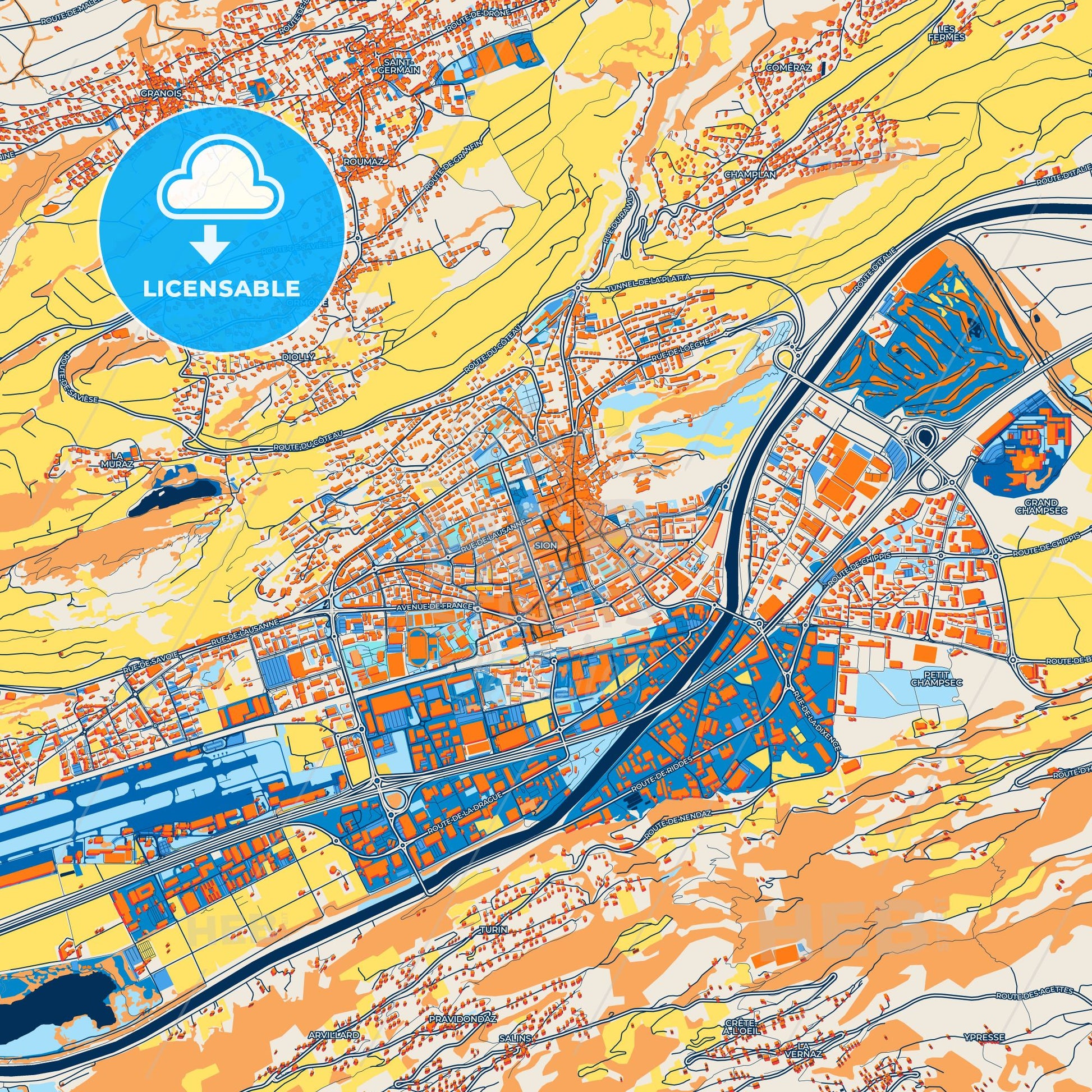 Colorful Sion Street Map with Labels and Buildings