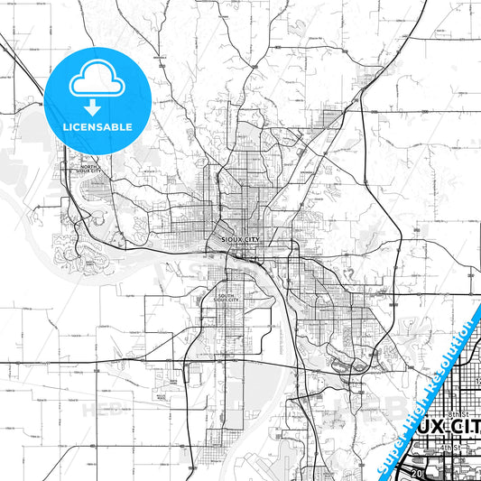 Sioux City, Iowa light map with streetnames, citynames and districts