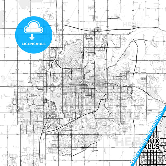 Sioux Falls, South Dakota light map with streetnames, citynames and districts