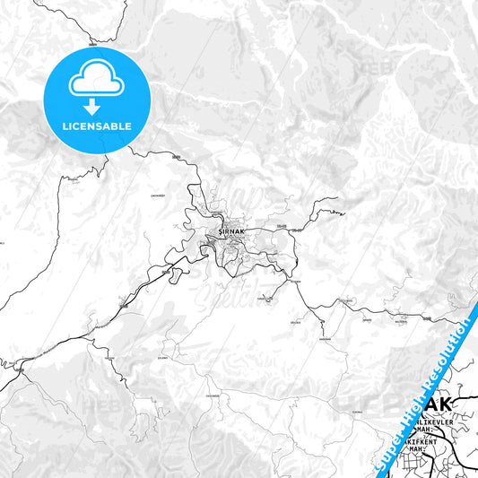 Şırnak, Turkey light map with streetnames, citynames and districts