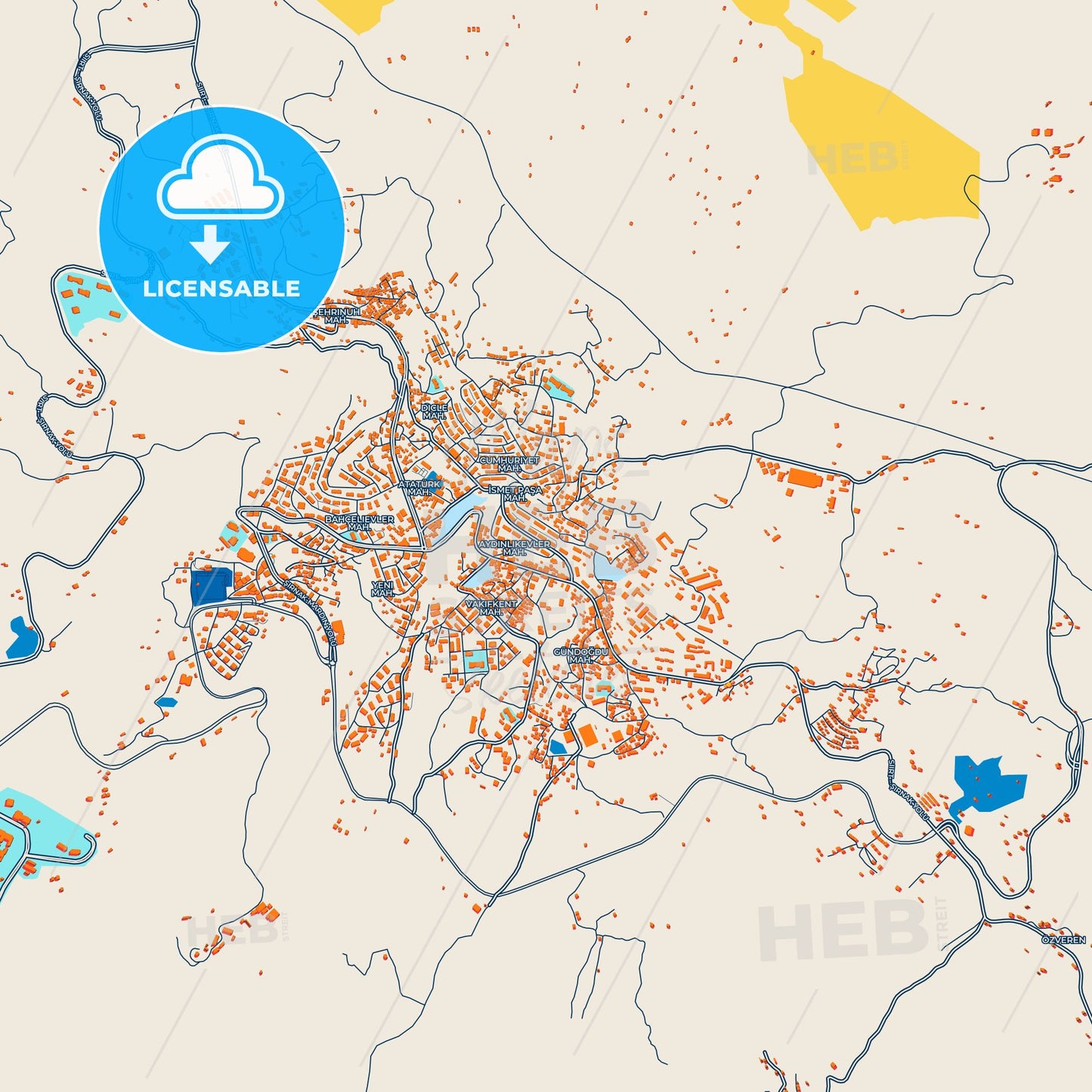 Colorful Şırnak Street Map with Labels and Buildings