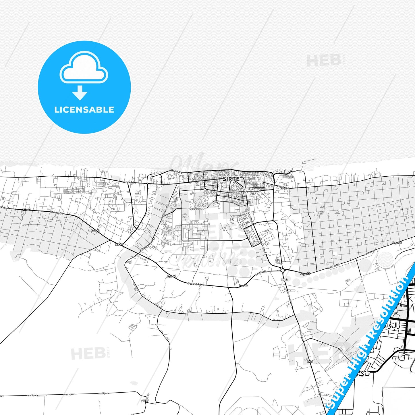 Sirte, Libya light map with streetnames, citynames and districts