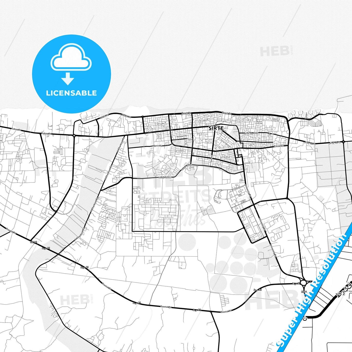 Sirte, Libya Light Map with Street Names, City Names, and Districts