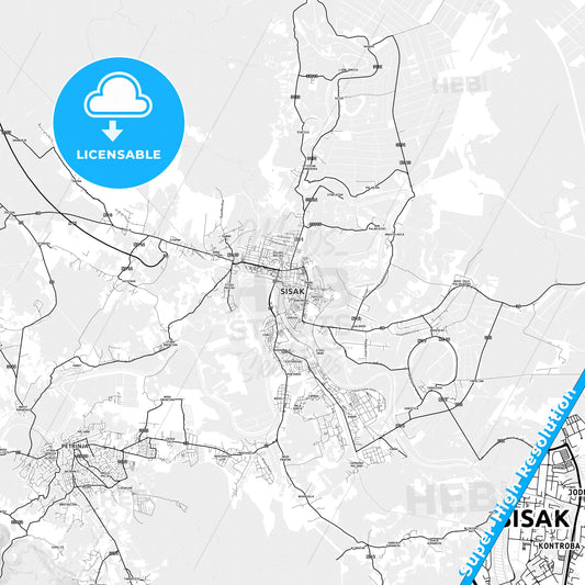 Sisak, Croatia light map with streetnames, citynames and districts