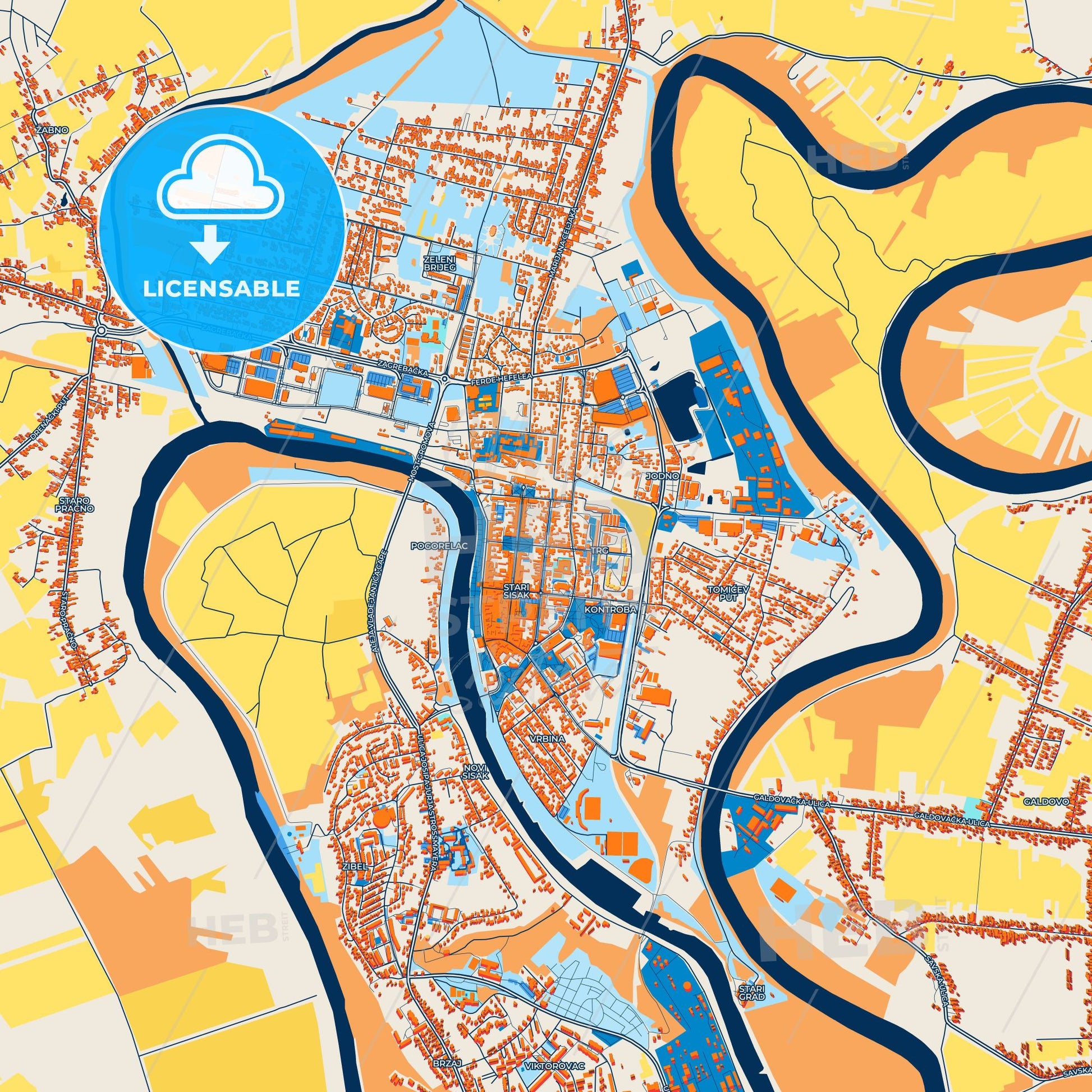 Colorful Sisak Street Map with Labels and Buildings