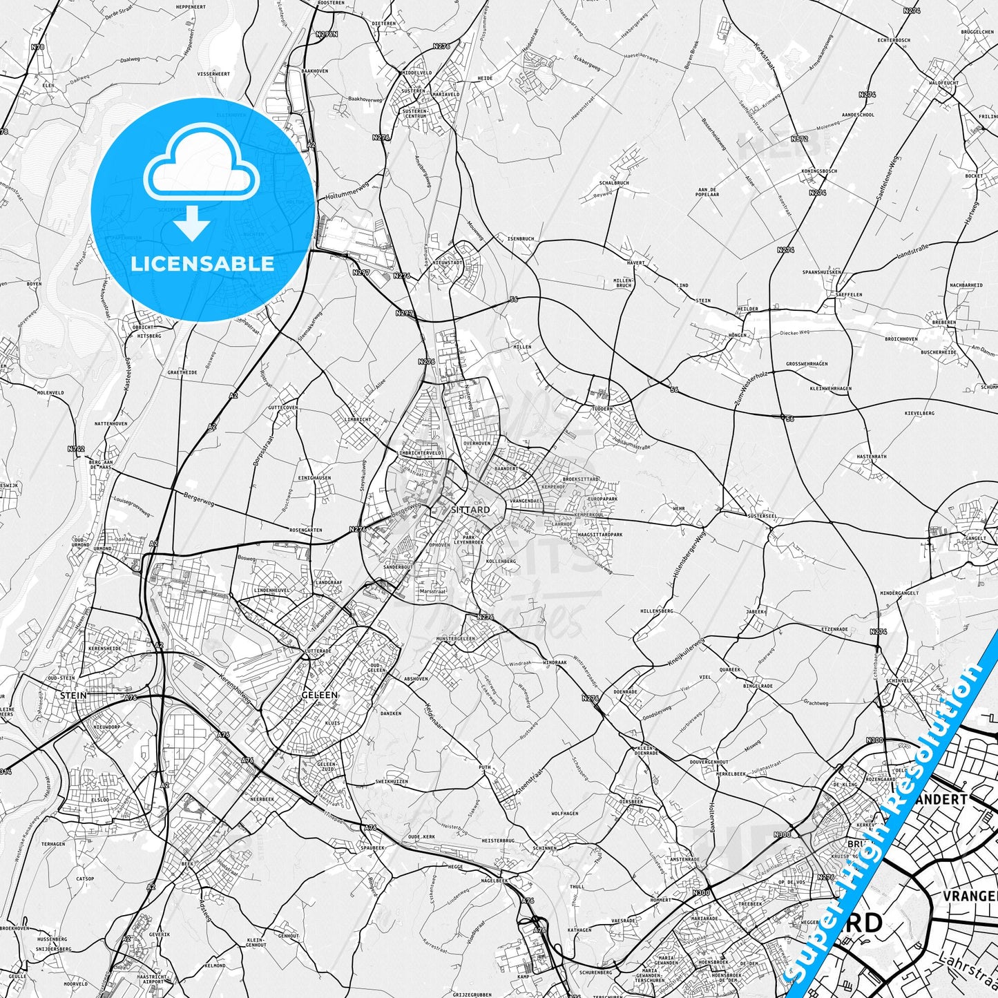 Sittard-Geleen, Netherlands light map with streetnames, citynames and districts