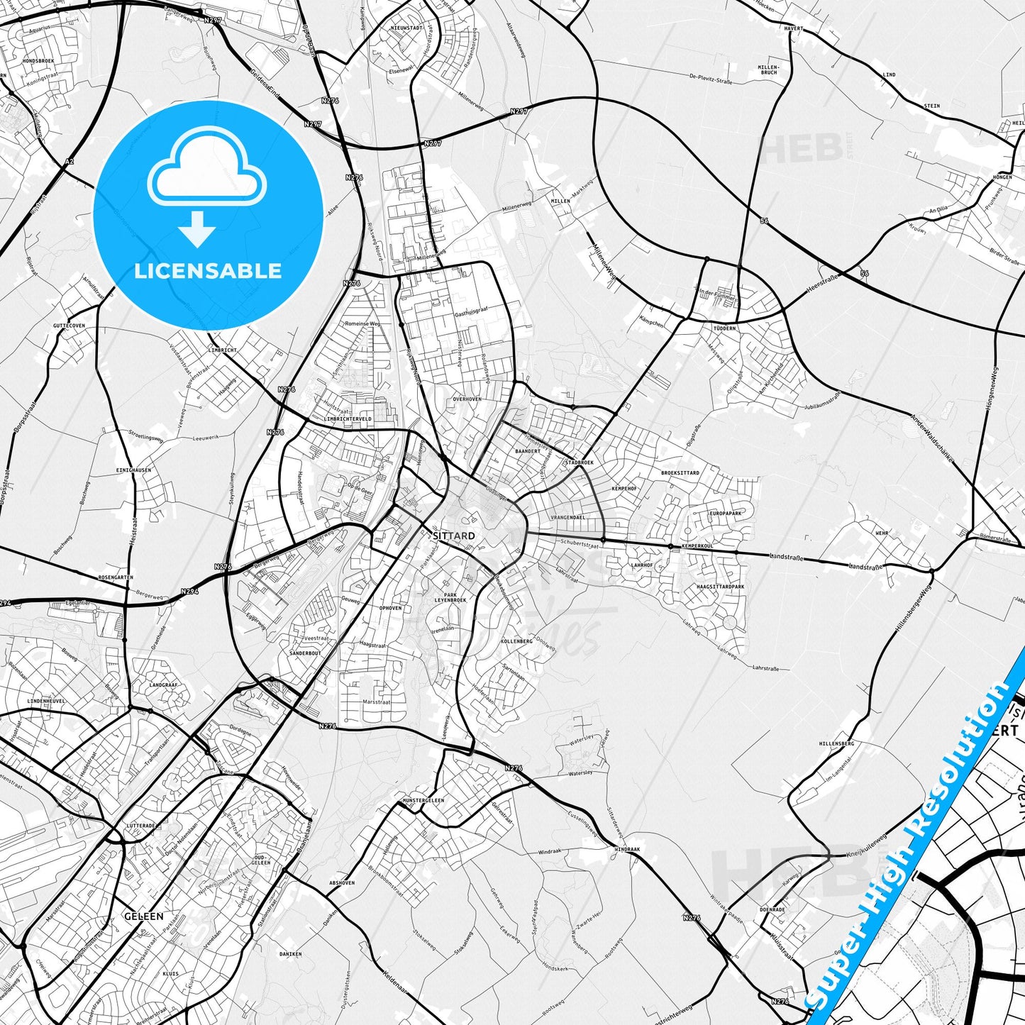Sittard-Geleen, Netherlands Light Map with Street Names, City Names, and Districts