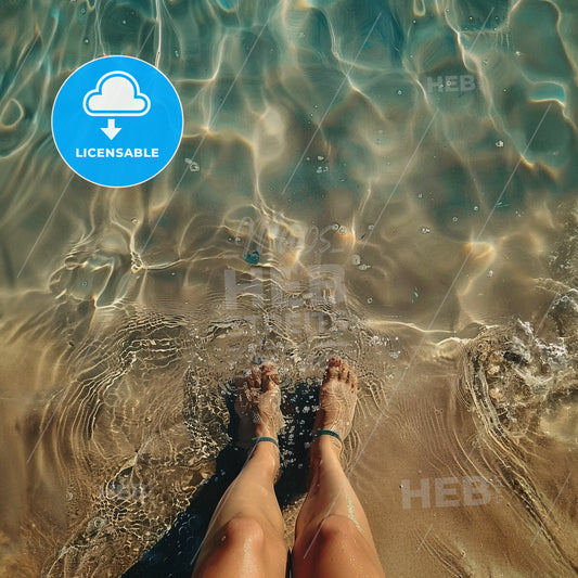 ï¼Œ Sitting on the beach with crossed legs - A persons legs in the water