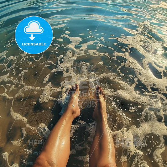 ï¼Œ Sitting on the beach with crossed legs - A persons legs in the water