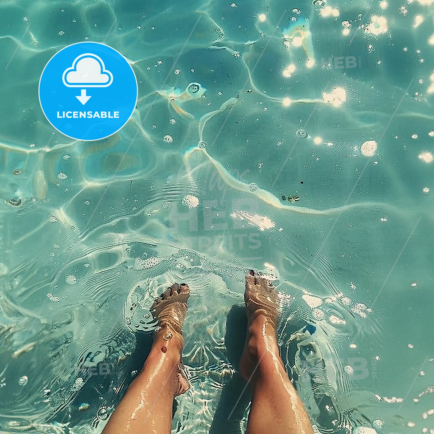 ï¼Œ Sitting on the beach with crossed legs - A persons legs in a pool